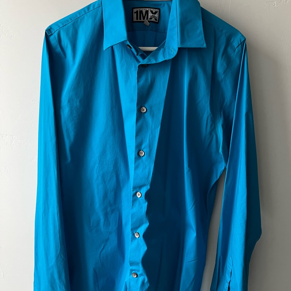 Express Fitted Blue Long Sleeve Dress Shirt